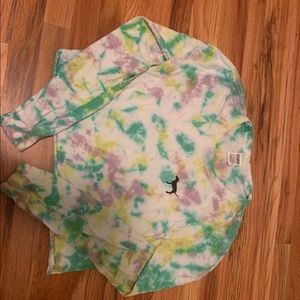 Pink multicoloured tie die long sleeve crop top.